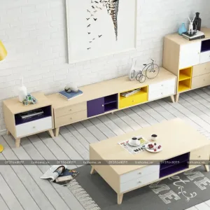 Tủ tivi chân gỗ vân gỗ sồi kết hợp màu hiện đại