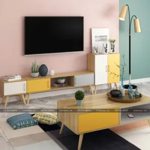 Tủ tivi vân gỗ sồi, chân gỗ màu pastel hiện đại