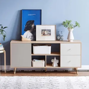 Tủ tivi hiện đại vân gỗ sồi kết hợp cánh xám